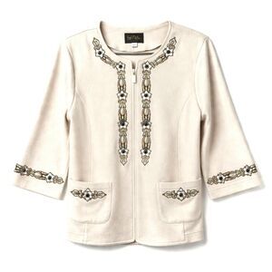 Bob Mackie Wearable Art Embellished Jeweled Creamy Ivory Floral Chic Zip Jacket